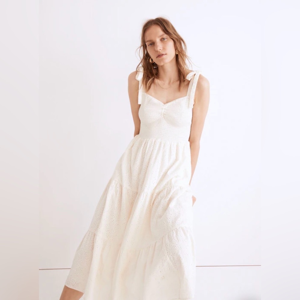 Madewell Cream Eyelet Lucie Tie-Strap Tiered Midi Dress